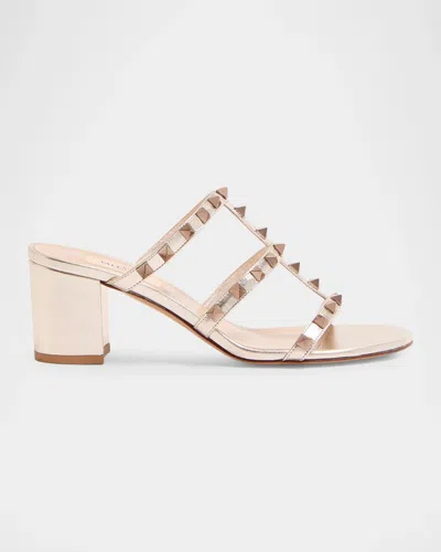 Valentino Garavani 60mm Rockstud Caged Block-heel Slide Sandals In Metallic