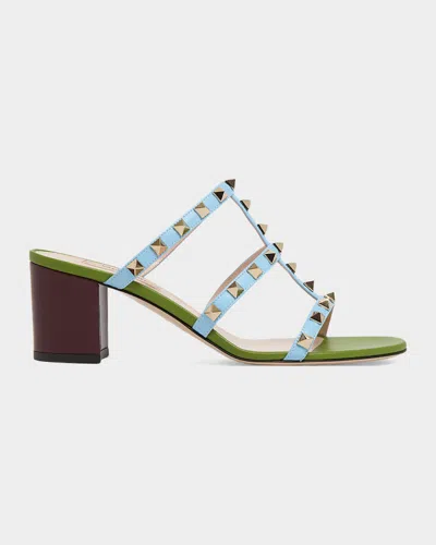 Valentino Garavani 60mm Rockstud Caged Slide Sandals In Blue