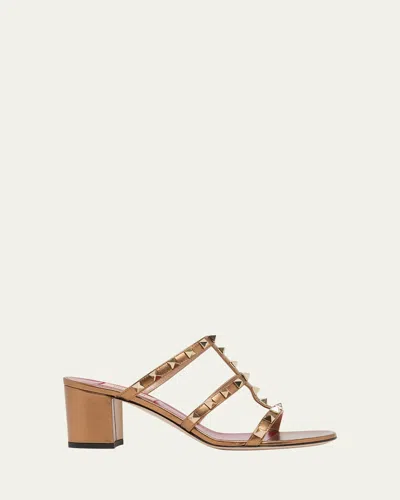 Valentino Garavani 60mm Rockstud Laminated Nappa Leather Slide Sandals In Brown