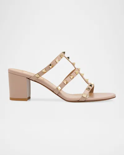 Valentino Garavani 60mm Rockstud Leather Caged Mule Sandals In Neutral