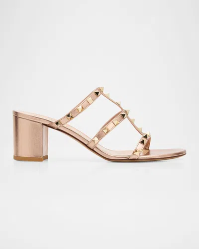 Valentino Garavani 60mm Rockstud Metallic Leather Caged Block-heel Slide Sandals