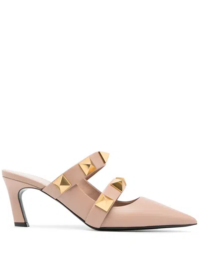 Valentino Garavani Neutral 65 Roman Stud Leather Mules In Nocolor