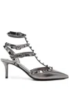 Valentino Rockstud Caged 65 Leather Ankle Strap Pump In Grey