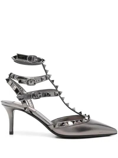 Valentino Garavani Rockstud Caged 65 Leather Ankle Strap Pump In Grey