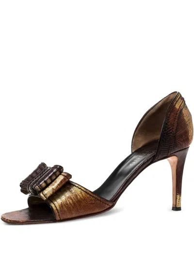 Pre-owned Valentino Garavani 80mm D'orsay Lizard-leather Bow Sandals In Brown