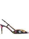 Valentino Floral Print Stiletto Heels With Gold Embellishment In Black