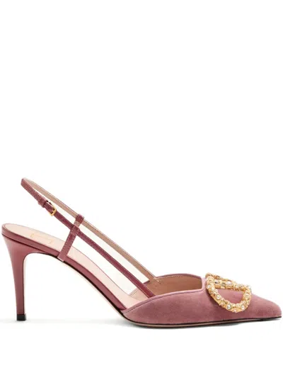 Valentino Garavani Signature Velvet Slingback Pumps Gemstone Detail In Pink