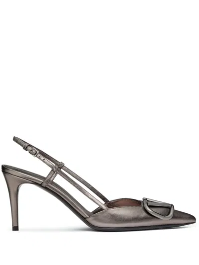Valentino Garavani Signature Laminated Leather Pumps With Sculpted Heel In Grey