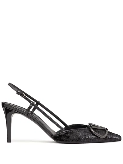 Valentino Garavani Calf Leather Fringe Slingback Stiletto Pumps In Black