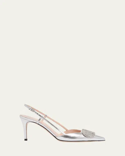 Valentino Garavani 80mm Vlogo Signature Strass Metallic Leather Slingback Pumps In Silver