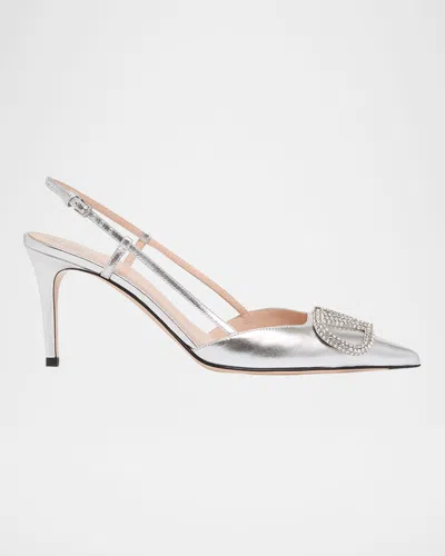 Valentino Garavani 80mm Vlogo Signature Strass Metallic Leather Slingback Pumps In Silver