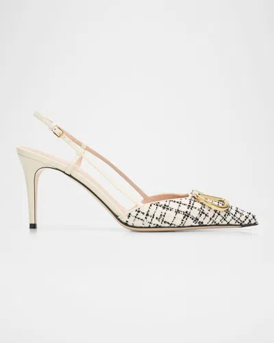 Valentino Garavani 80mm Vlogo Signature Tweed Slingback Pumps In White