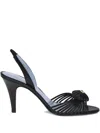 Valentino Black Slingback Leather Woven Heart Heeled Sandals In Black