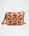 Valentino 9t05 Cherry-jacquard Raffia And Leather Cross-body Bag In Multi Natural Camel