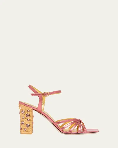 Valentino Garavani 90mm Valenti Embellished-heel Metallic Leather Sandals In Pink