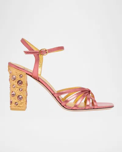 Valentino Garavani 90mm Valenti Embellished-heel Metallic Leather Sandals In Pink