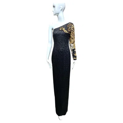 Pre-owned Valentino 90s  One Shoulder Black Lace Gown With Leopard Sequins