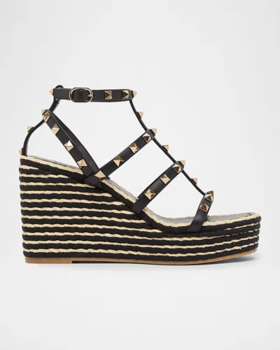 Valentino Garavani 95mm Rockstud Leather Espadrille Wedge Sandals In Black