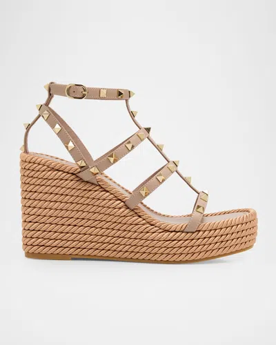 Valentino Garavani 95mm Rockstud Leather Wedge Espadrille Sandals In Neutral
