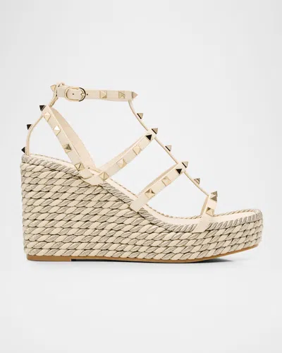 Valentino Garavani 95mm Rockstud Leather Wedge Espadrille Sandals In Neutral