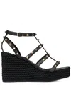 Valentino Rockstud Leather Wedge Sandals In Black