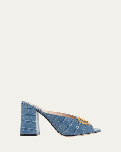 Valentino Garavani 95mm Vlogo Croc-embossed Leather Mules In Blue
