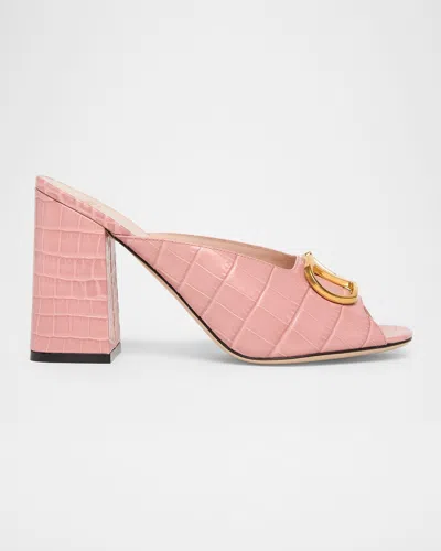 Valentino Garavani 95mm Vlogo Signature Croc-embossed Leather Mules In Pink