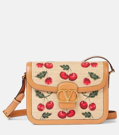 Valentino Garavani 9to5 Cherryfic Raffia-effect Shoulder Bag In Beige
