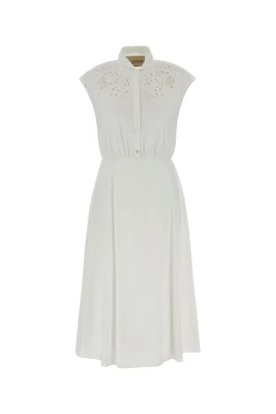Valentino Poplin Dress Cap Sleeves Elasticated Waist Embroidery In White