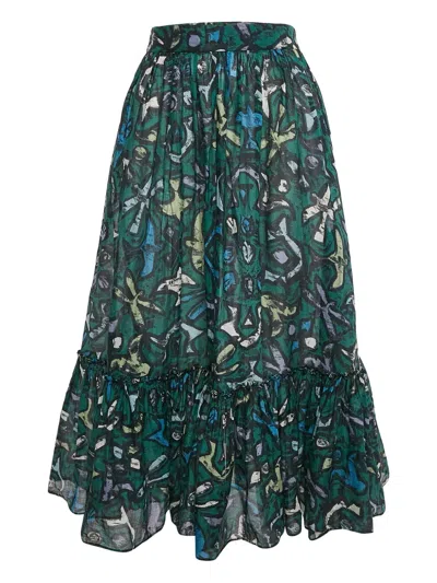 Pre-owned Valentino Abstract-print Ruffled Skirt In Green