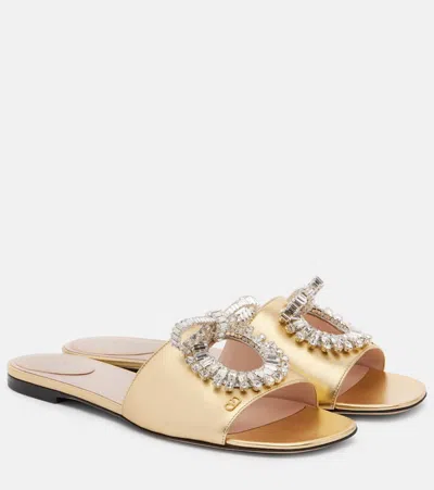Valentino Garavani Adamantine Embellished Leather Slides In Gold