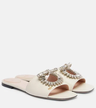 Valentino Garavani Adamantine Embellished Leather Slides In White