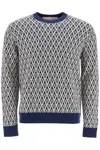Valentino Crewneck Wool Jumper With Toute La V Jacquard Pattern In Blue