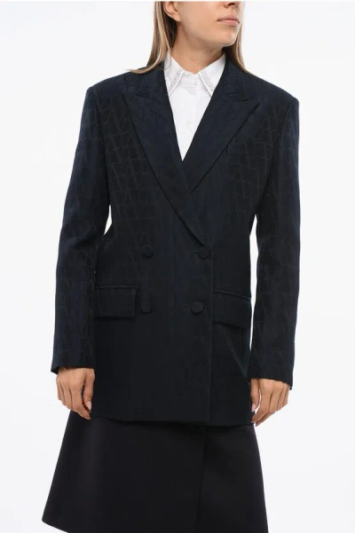 Valentino All-over Monogram Virgin Wool And Silk Double Breasted Blaze In Black
