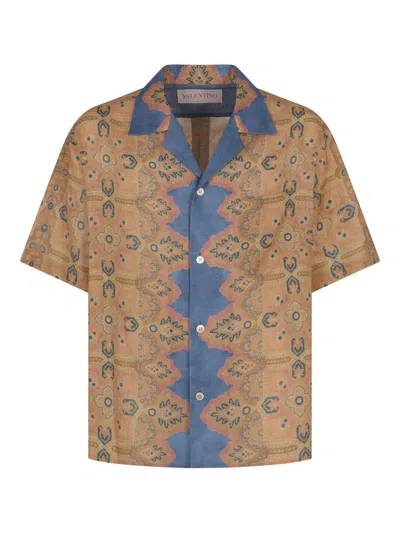 Valentino All-over Patterned Button-up Shirt In Voyage Imag Fdo Azzurro/beige/