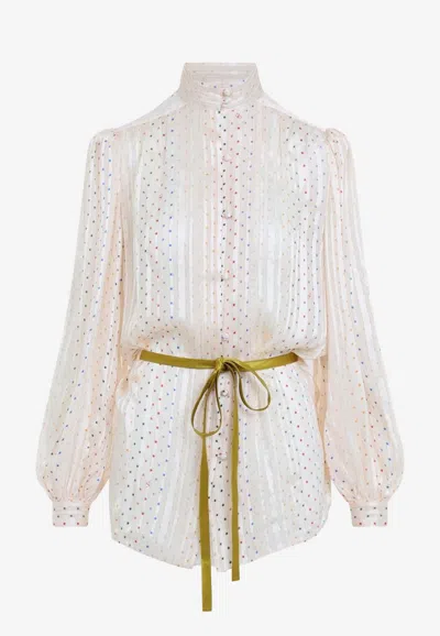 Valentino All-over Stars Belted Silk Blouse In Metallic
