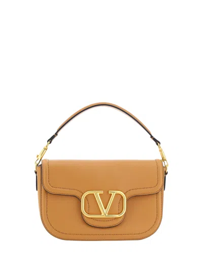 Valentino Garavani Structured Leather Shoulder Bag With Gold Hardware In Almond Beige