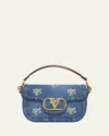Valentino Alltime Medium Embroidered Denim Shoulder Bag With Embroidered Ribbon Strap In Multi