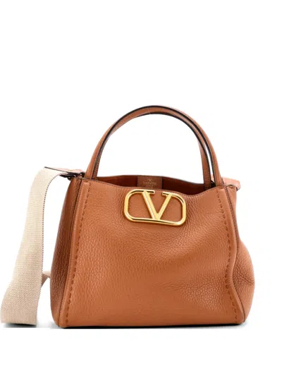 Pre-owned Valentino Garavani Alltime Leather Medium Tote Bag In Brown