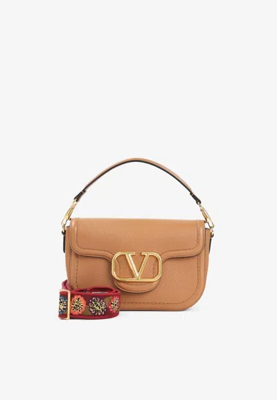 Valentino Garavani Almond Beige Calf Leather Alltime Shoulder Bag In Brown