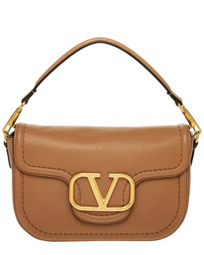 Valentino Garavani Almond Beige Calf Leather Alltime Shoulder Bag In Brown