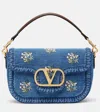 Valentino Alltime Medium Embroidered Denim Shoulder Bag With Embroidered Ribbon Strap In Blue