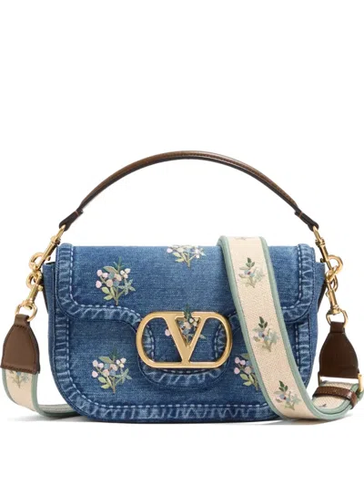 Valentino Garavani Alltime Medium Embroidered Denim Shoulder Bag With Embroidered Ribbon Strap In Blue