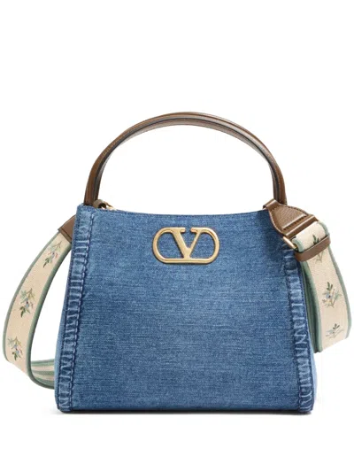 Valentino Garavani Alltime Medium Handbag In Denim With Embroidered Strap Woman D In White