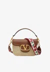 Valentino Garavani  Garavani Alltime Shoulder Bag In Raffia And Grainy Calfskin With Ribbon In Brown