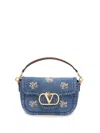 Valentino Alltime Medium Embroidered Denim Shoulder Bag With Embroidered Ribbon Strap In Blue