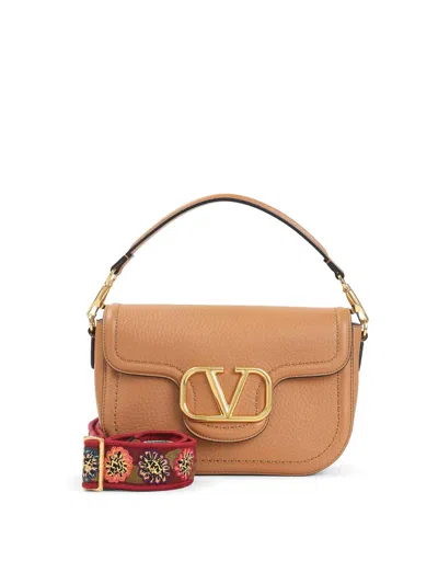Valentino Garavani Almond Beige Calf Leather Alltime Shoulder Bag In Brown