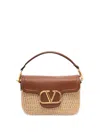 Valentino Garavani  Garavani Alltime Shoulder Bag In Raffia And Grainy Calfskin With Ribbon In Sand