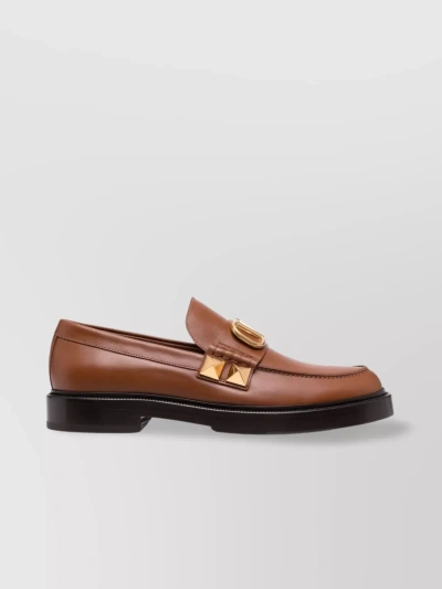 Valentino Garavani Almond Toe Leather Loafers With Stacked Heel In Brown