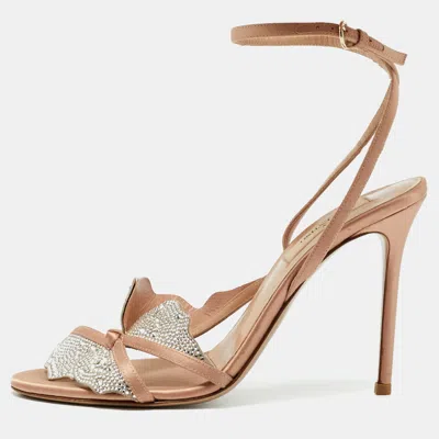 Pre-owned Valentino Garavani Angelicouture Size 38 Beige/grey Satin And Suede Crystal Embellished Ankle Strap Sandals